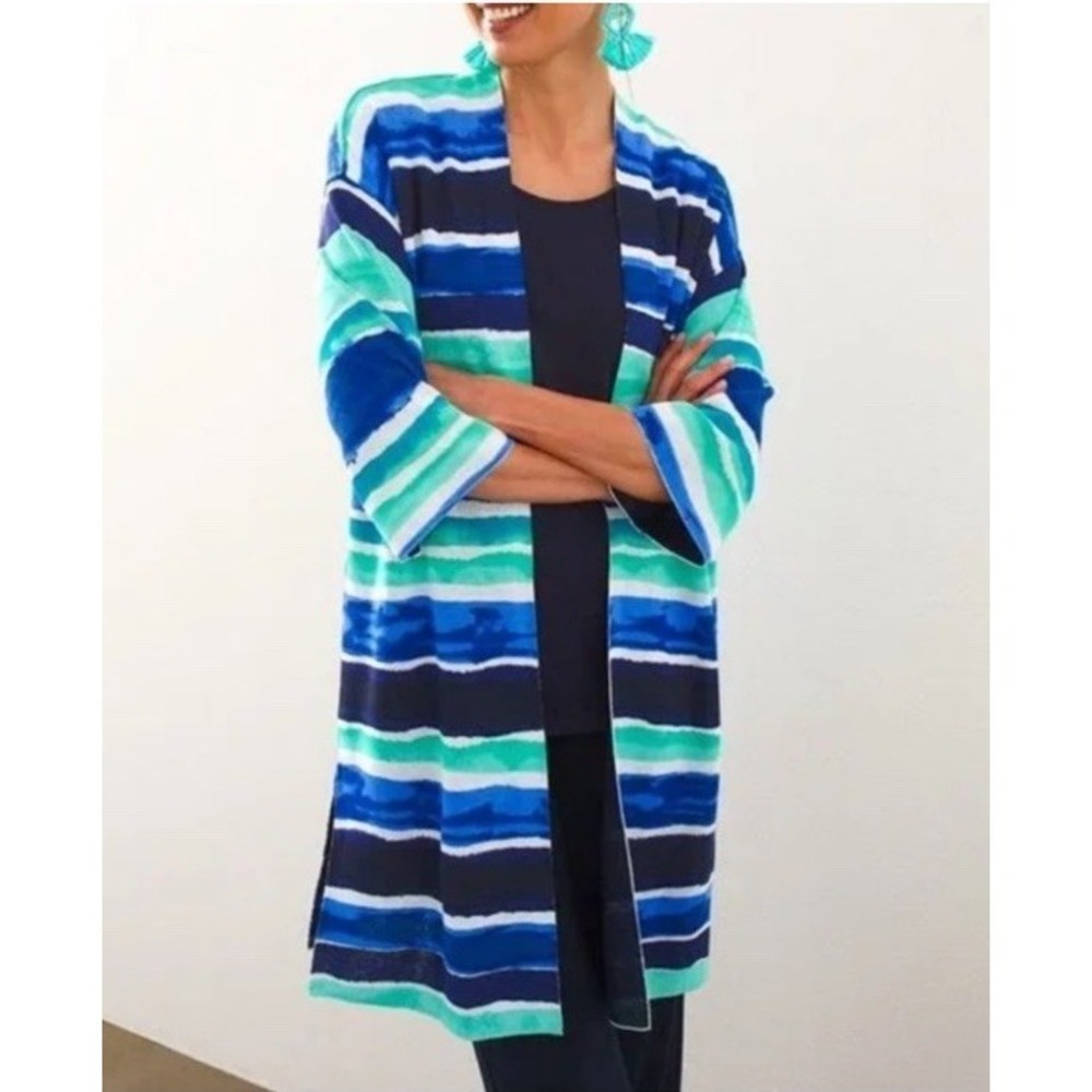 Chico's Travelers Womens Long Open Front‎ Cardigan Blue Green Striped Sz 0 Small